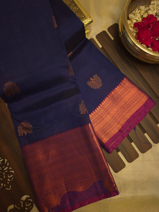 Navy Blue Silk Saree with Butta and Amaranth Color intricate Zari Border