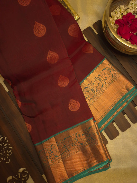 Aesthetic Maroon Silk Saree with Butta and Teal Green Zari Border