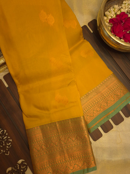 Amber Yellow Kanchipuram Pure Silk Saree with Golden Butta and Teal Green Copper Zari Border
