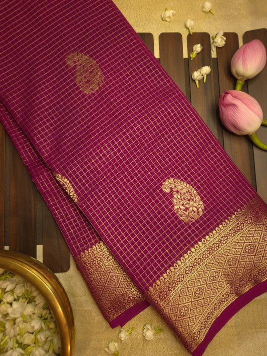 Royal Burgundy Checkered Mysore Silk Saree with Golden Zari and Buttas