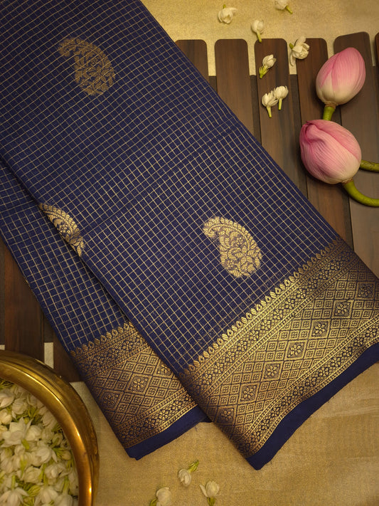 Navy Blue Checkered Mysore Silk Saree with Golden Zari and Buttas