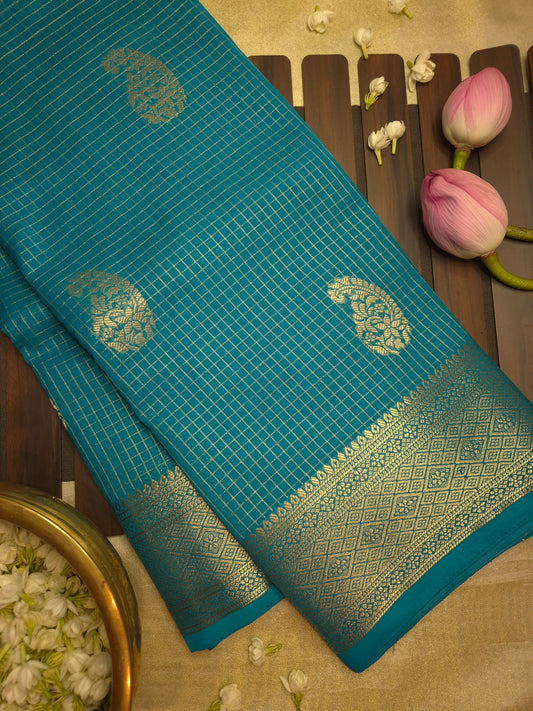 Ocean Blue Checkered Mysore Silk Saree with Golden Zari and Buttas