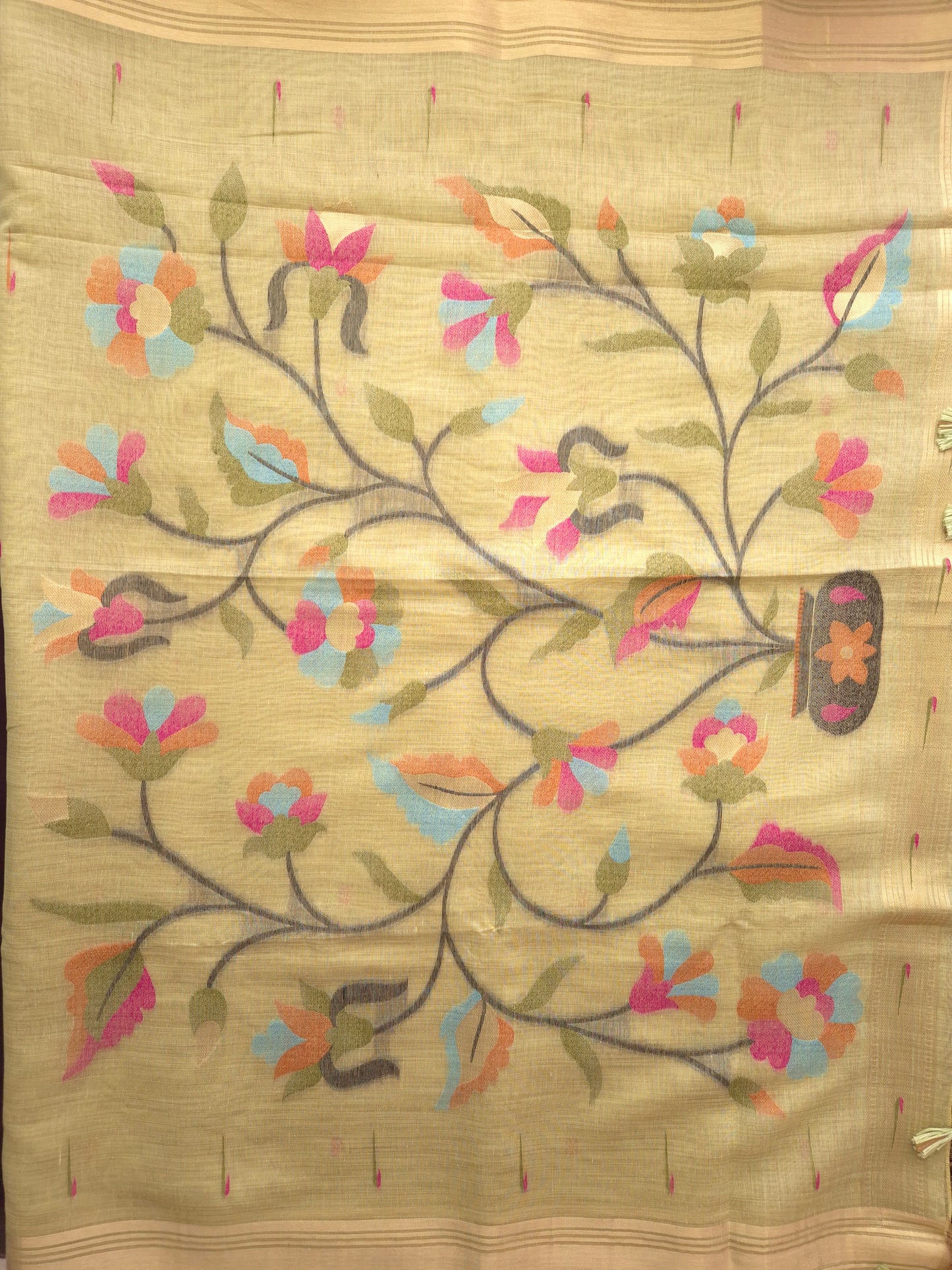 Light Green Jamdani Saree with Colourful Buttas with Golden Zari and Colorful Floral Motifs on Pallu