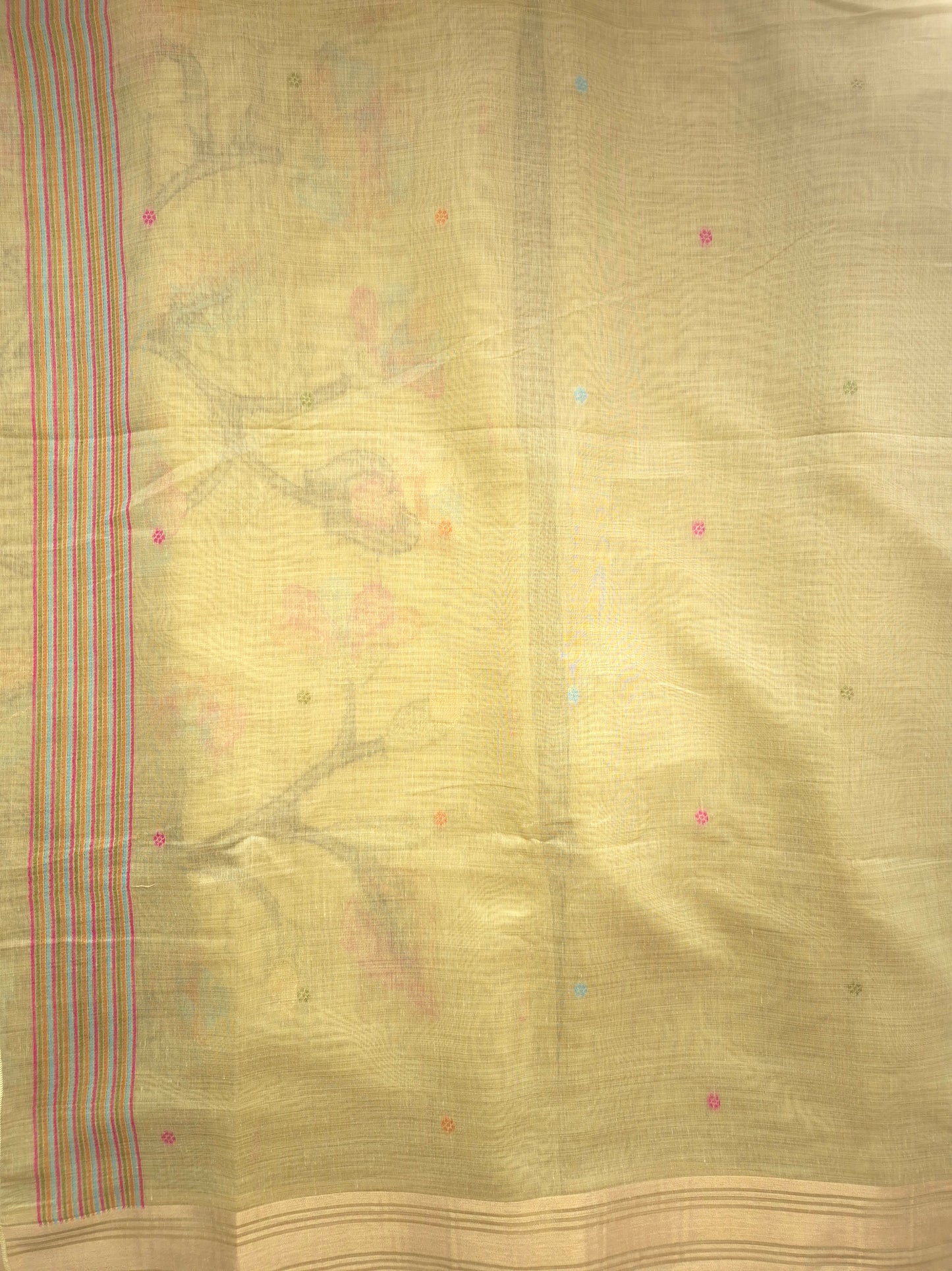 Light Green Jamdani Saree with Colourful Buttas with Golden Zari and Colorful Floral Motifs on Pallu