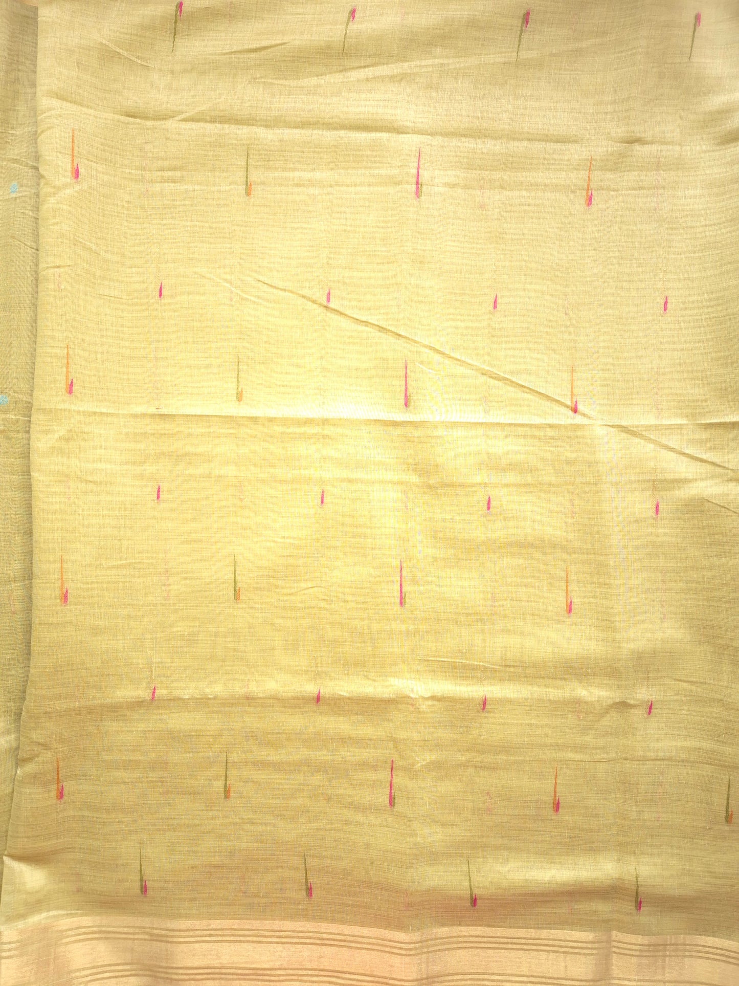 Light Green Jamdani Saree with Colourful Buttas with Golden Zari and Colorful Floral Motifs on Pallu