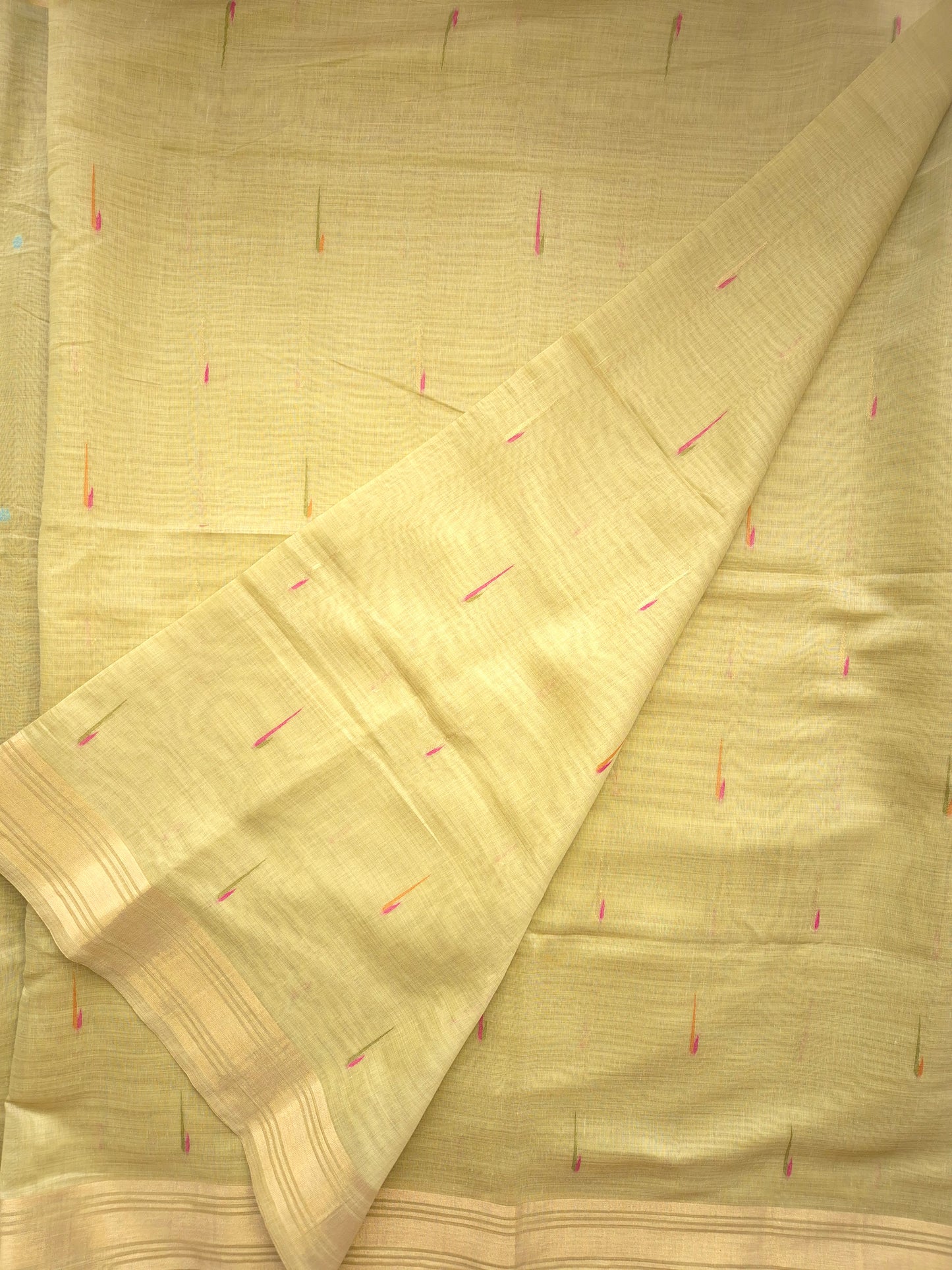 Light Green Jamdani Saree with Colourful Buttas with Golden Zari and Colorful Floral Motifs on Pallu