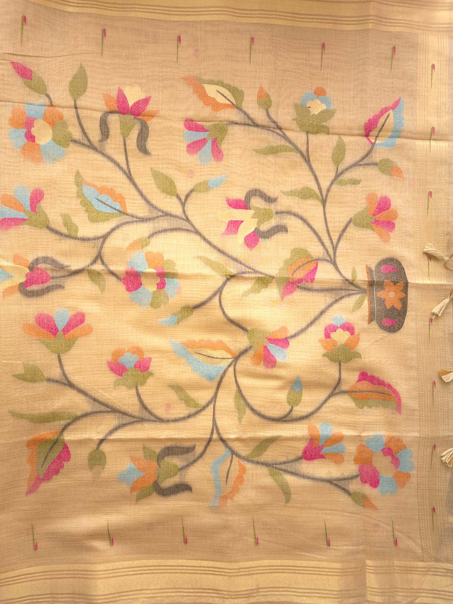Beige Jamdani Saree with Colourful Buttas with Golden Zari and Colorful Floral Motifs on Pallu