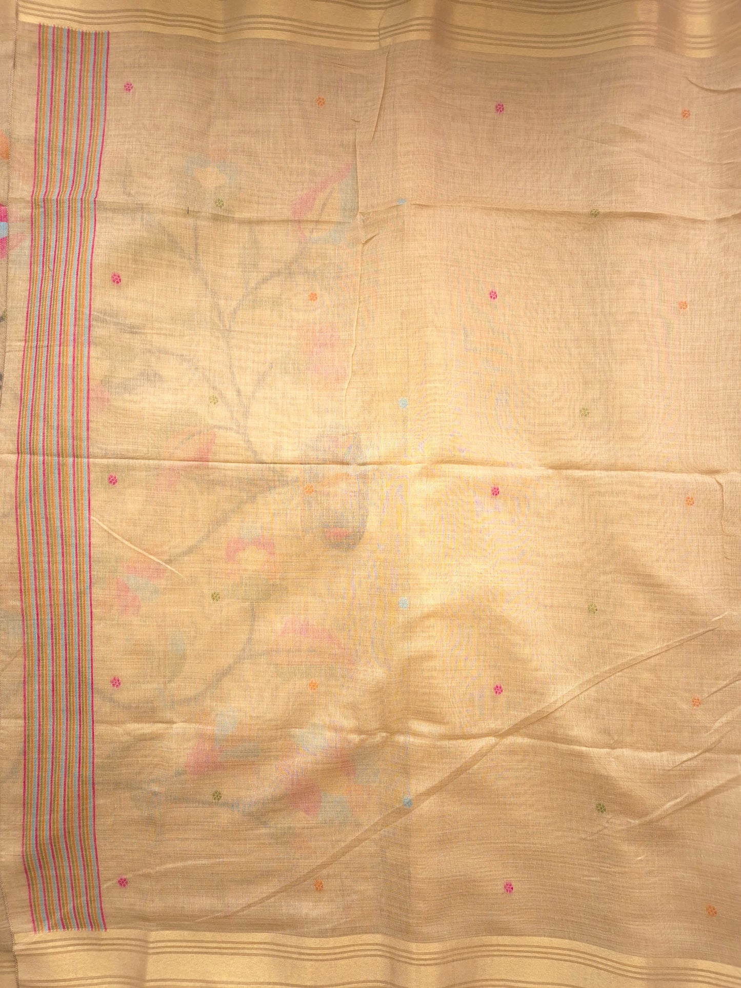 Beige Jamdani Saree with Colourful Buttas with Golden Zari and Colorful Floral Motifs on Pallu