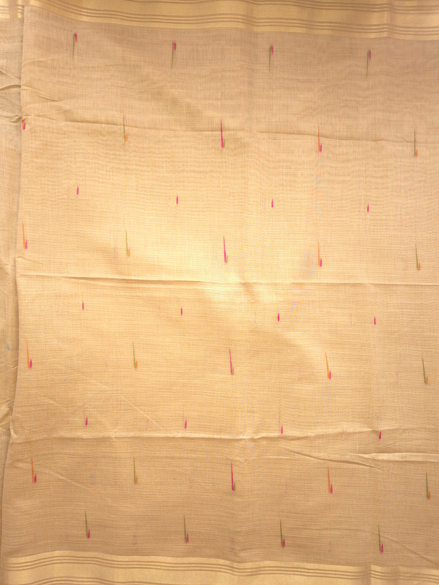 Beige Jamdani Saree with Colourful Buttas with Golden Zari and Colorful Floral Motifs on Pallu