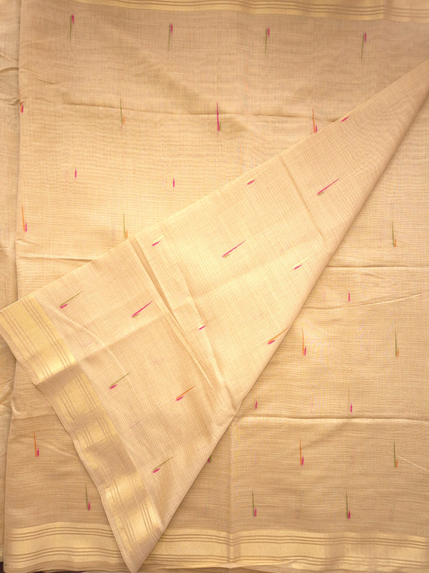 Beige Jamdani Saree with Colourful Buttas with Golden Zari and Colorful Floral Motifs on Pallu