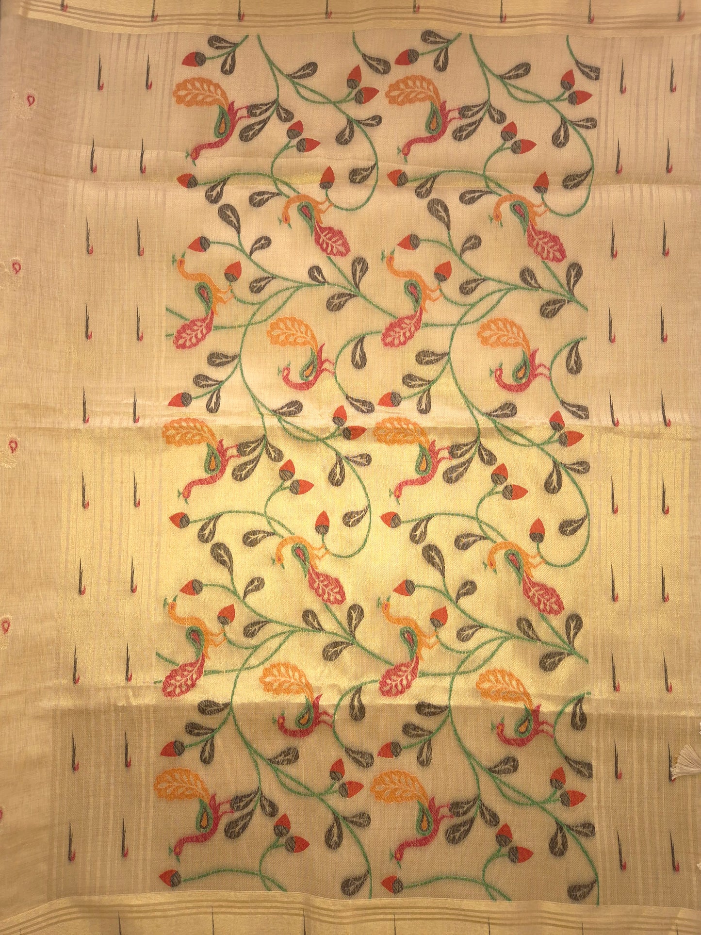 Beige Jamdani Saree with Golden Zari Peacock Buttas and Colorful Peacock Motifs on Pallu