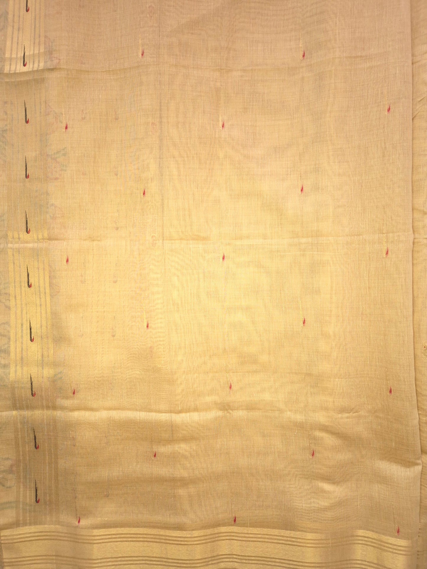 Beige Jamdani Saree with Golden Zari Peacock Buttas and Colorful Peacock Motifs on Pallu