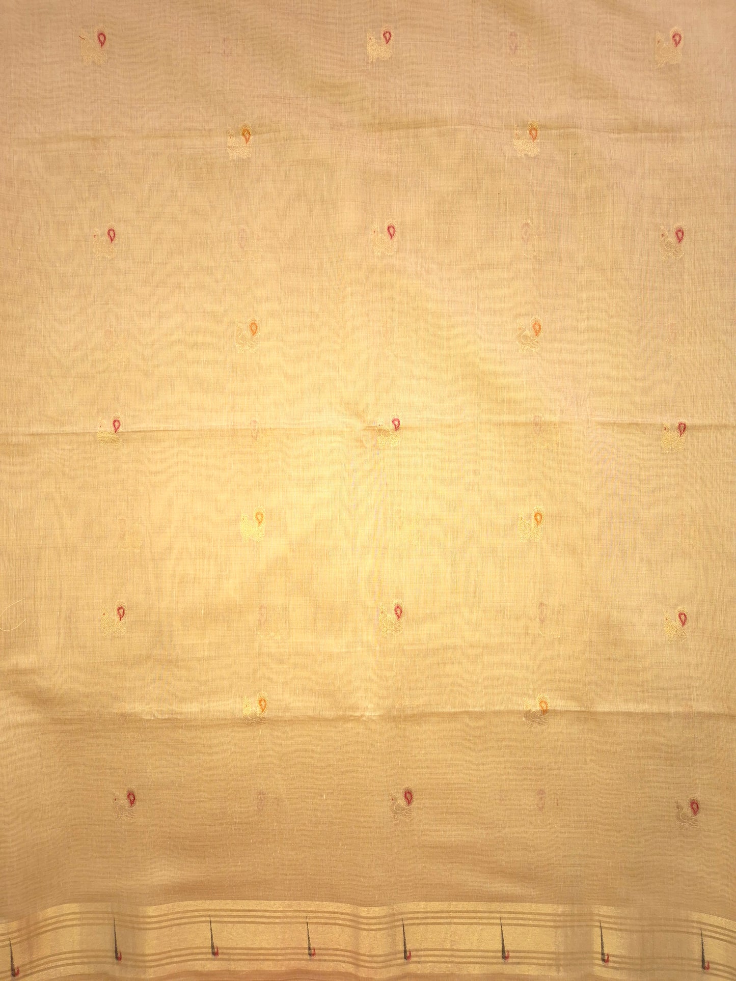 Beige Jamdani Saree with Golden Zari Peacock Buttas and Colorful Peacock Motifs on Pallu