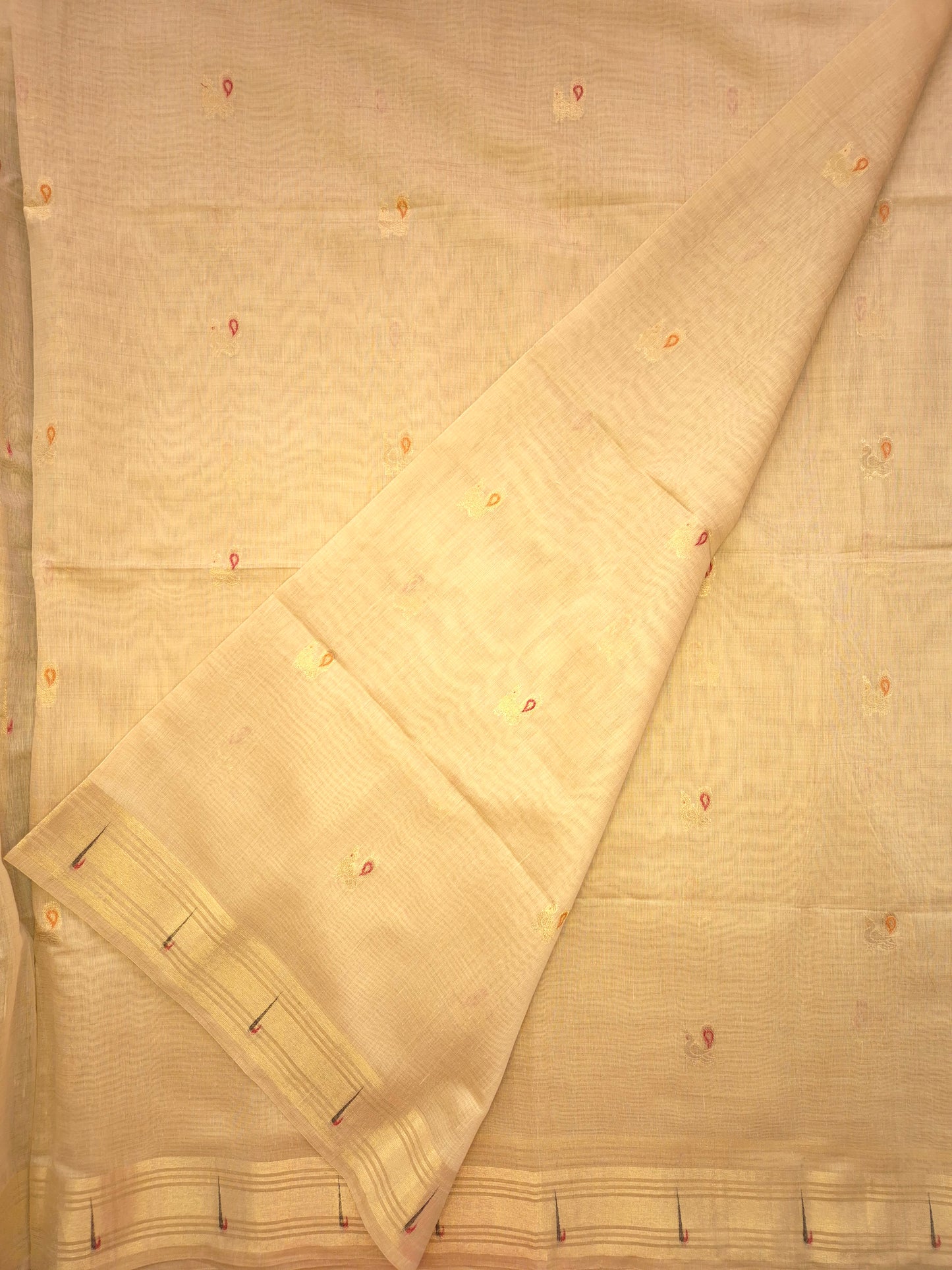Beige Jamdani Saree with Golden Zari Peacock Buttas and Colorful Peacock Motifs on Pallu