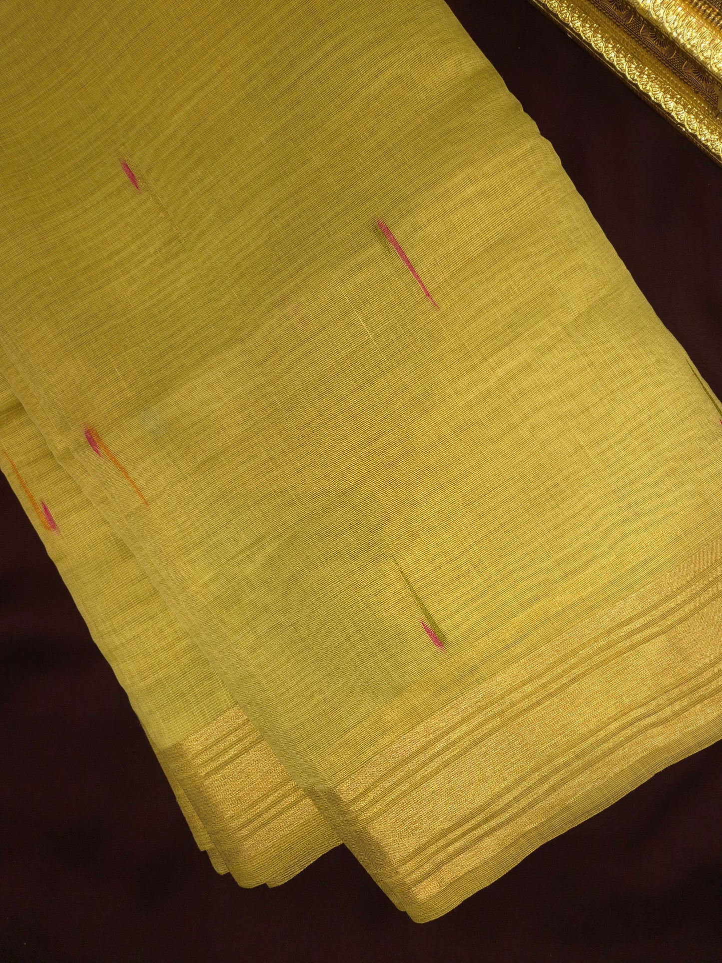 Light Green Jamdani Saree with Colourful Buttas with Golden Zari and Colorful Floral Motifs on Pallu