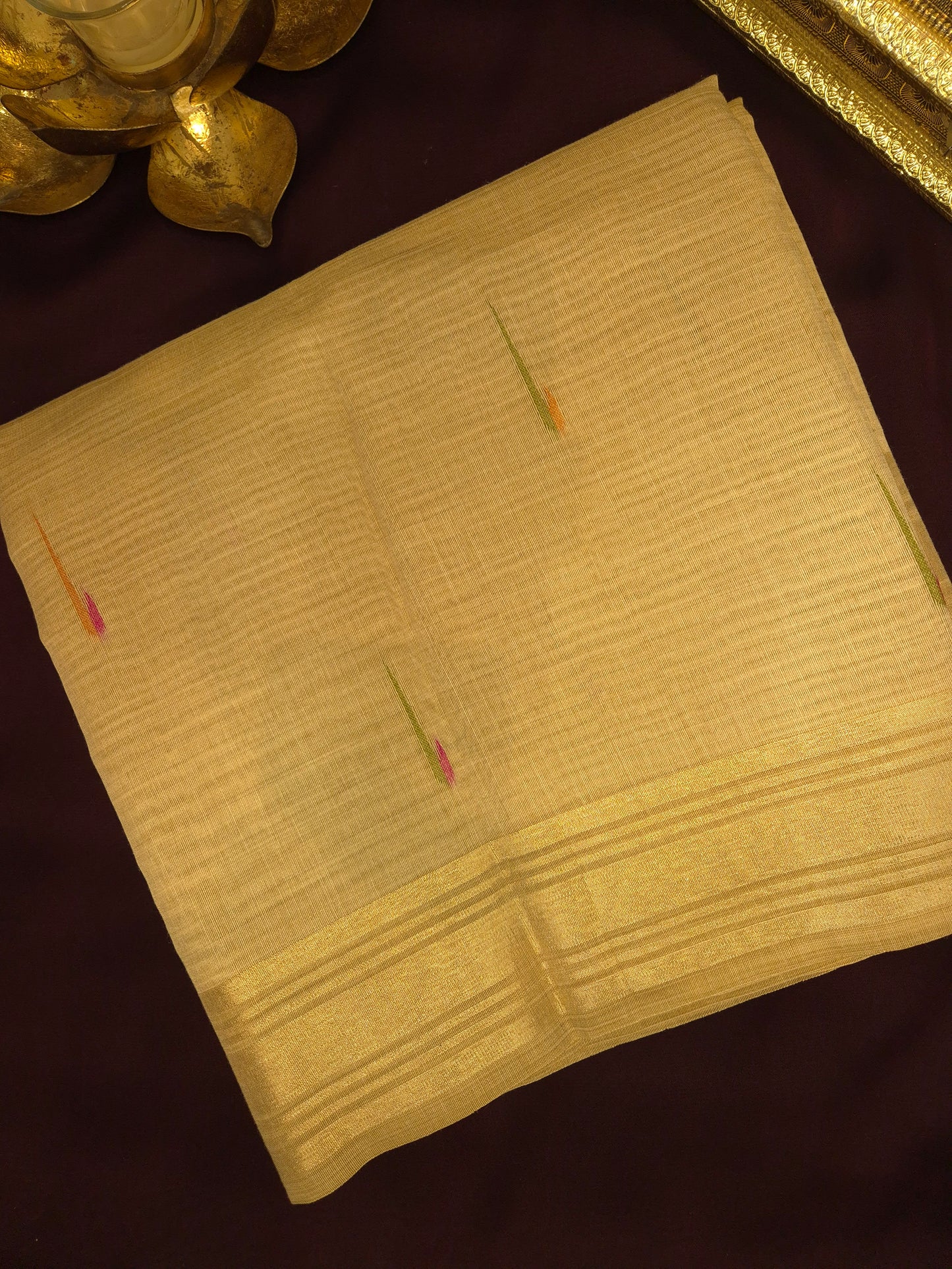 Beige Jamdani Saree with Colourful Buttas with Golden Zari and Colorful Floral Motifs on Pallu