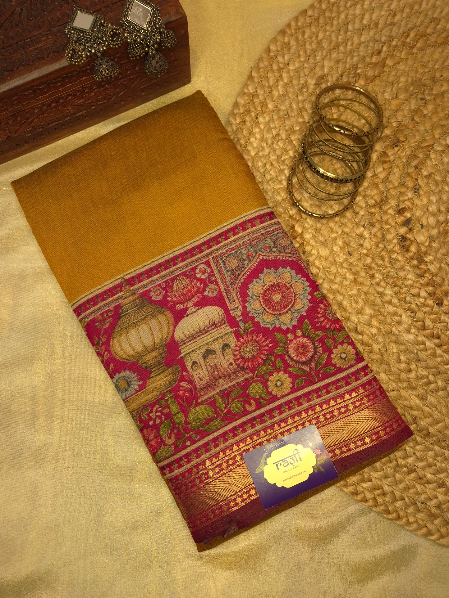 Mustard Maheswari Silk Saree with Digital Kalamkari Print on Maroon Border
