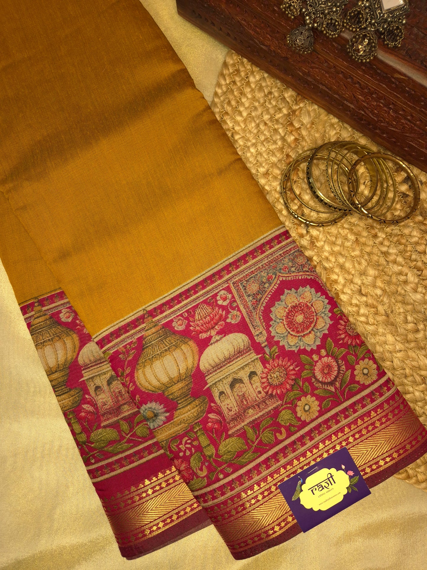 Mustard Maheswari Silk Saree with Digital Kalamkari Print on Maroon Border