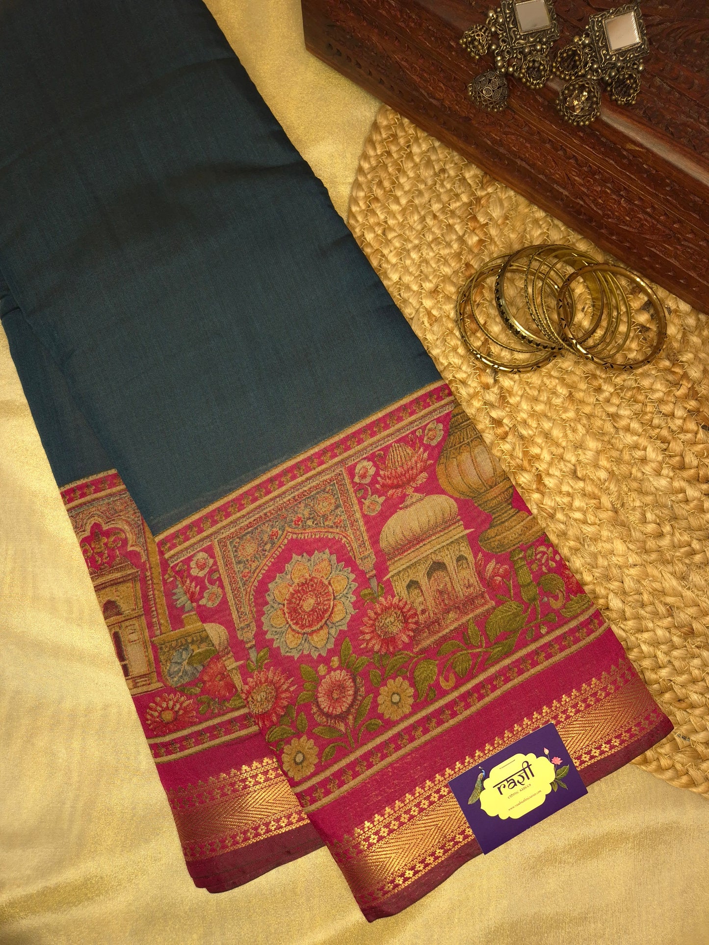 Deep Sea Blue Maheswari Silk Saree with Digital Kalamkari Print on Maroon Border