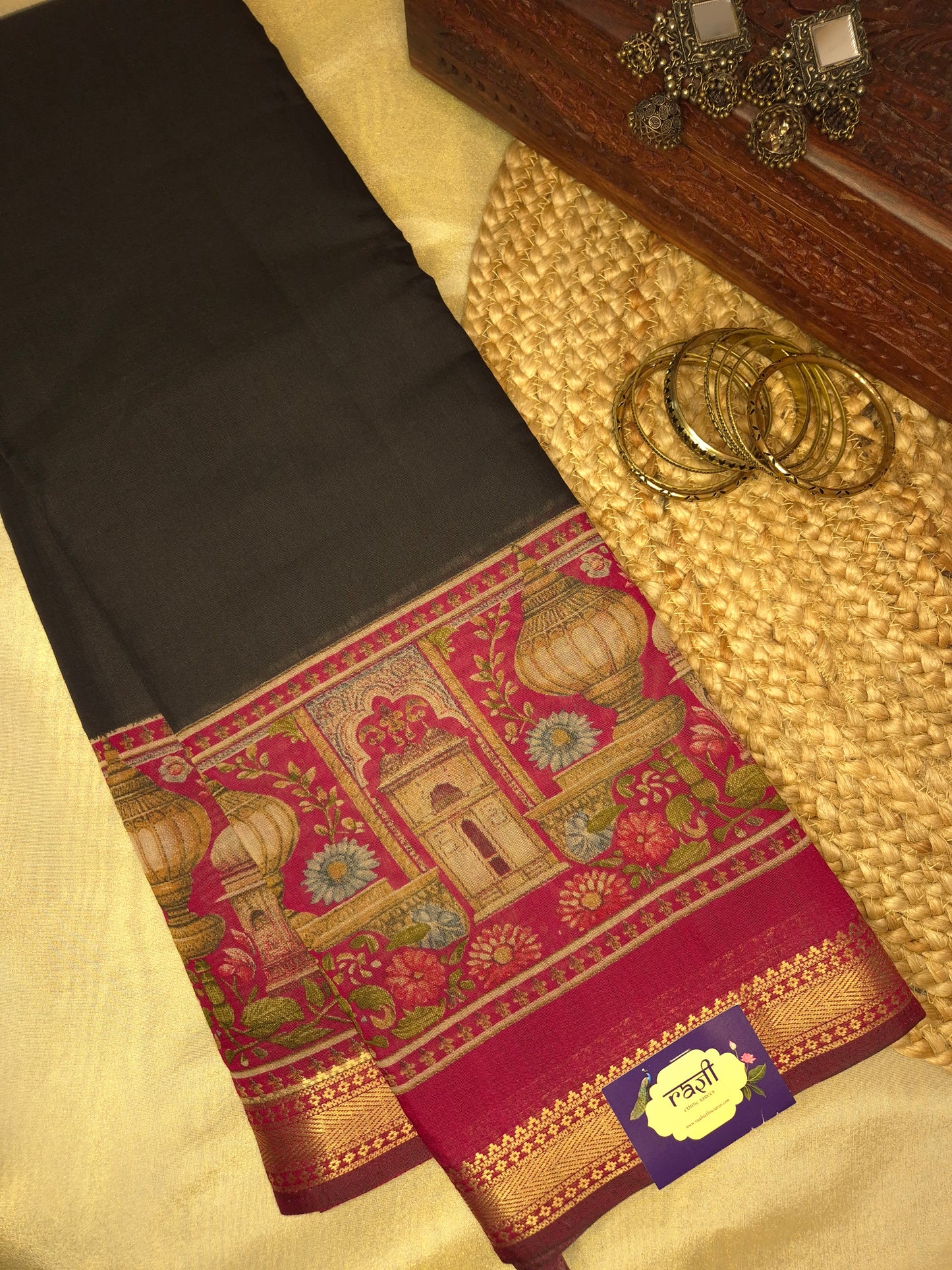 Black Maheswari Silk Saree with Digital Kalamkari Print on Maroon Border