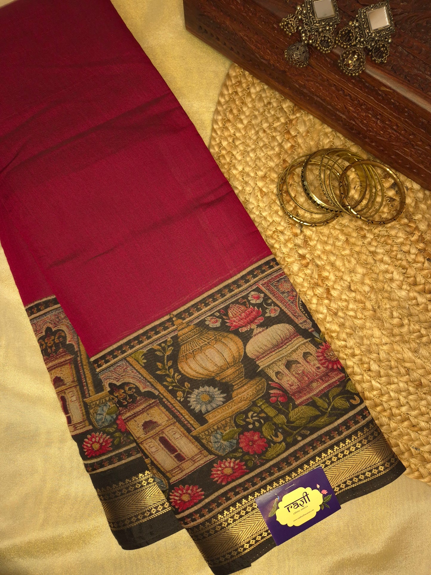 Maroon Maheswari Cotton Silk Saree with Digital Kalamkari Print on Black Border