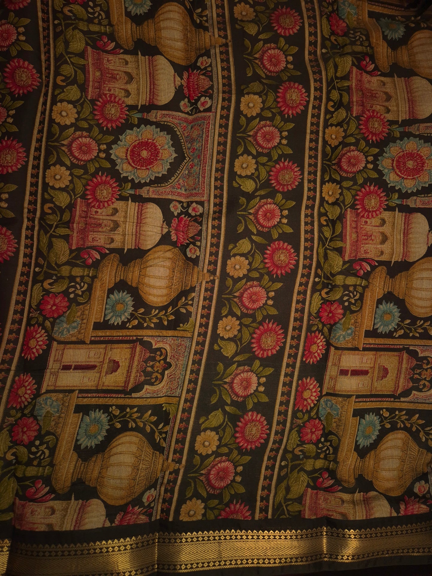 Maroon Maheswari Cotton Silk Saree with Digital Kalamkari Print on Black Border