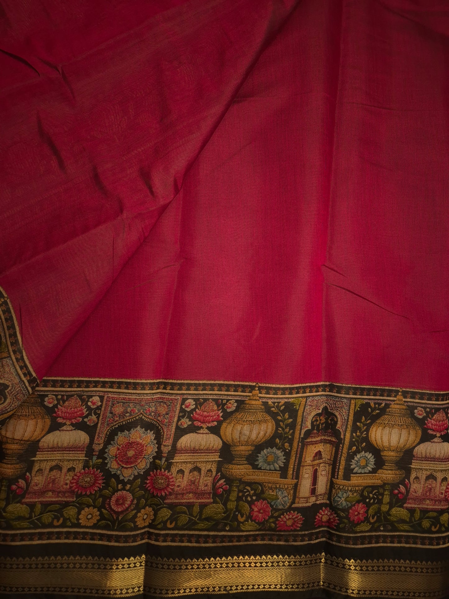 Maroon Maheswari Cotton Silk Saree with Digital Kalamkari Print on Black Border