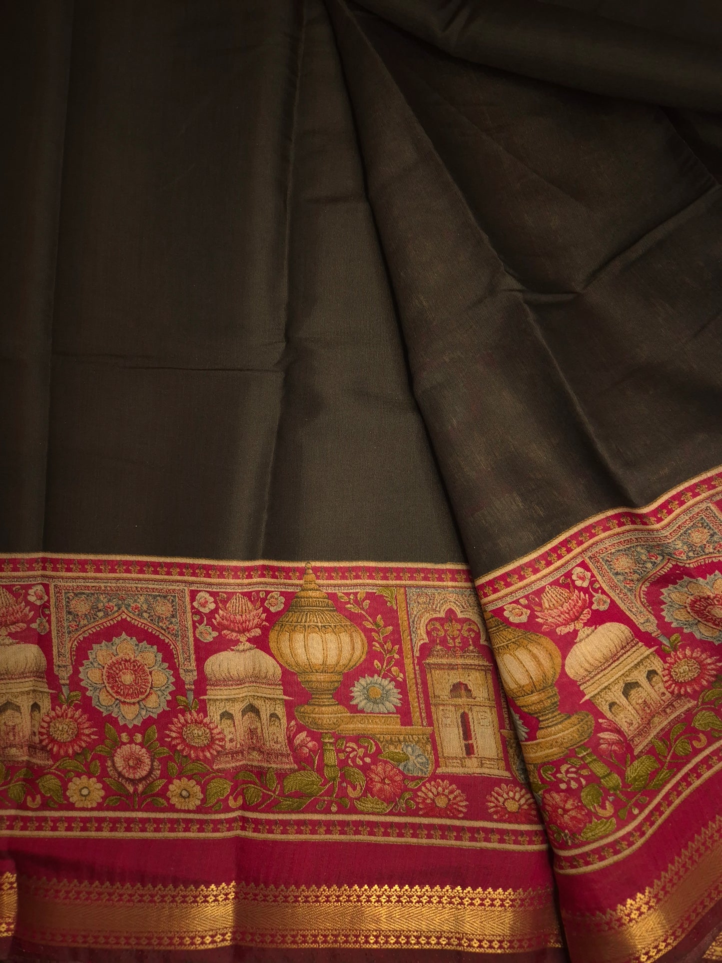 Black Maheswari Silk Saree with Digital Kalamkari Print on Maroon Border