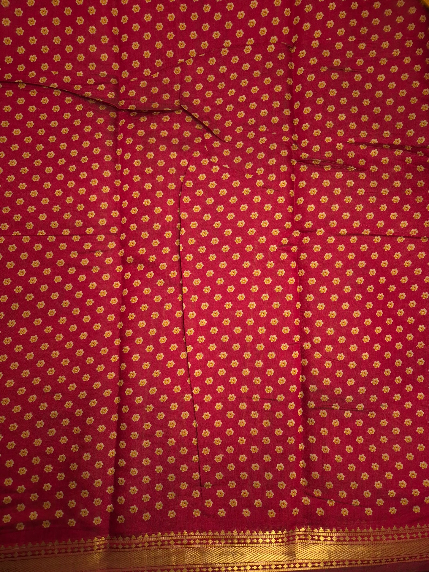Mustard Maheswari Silk Saree with Digital Kalamkari Print on Maroon Border