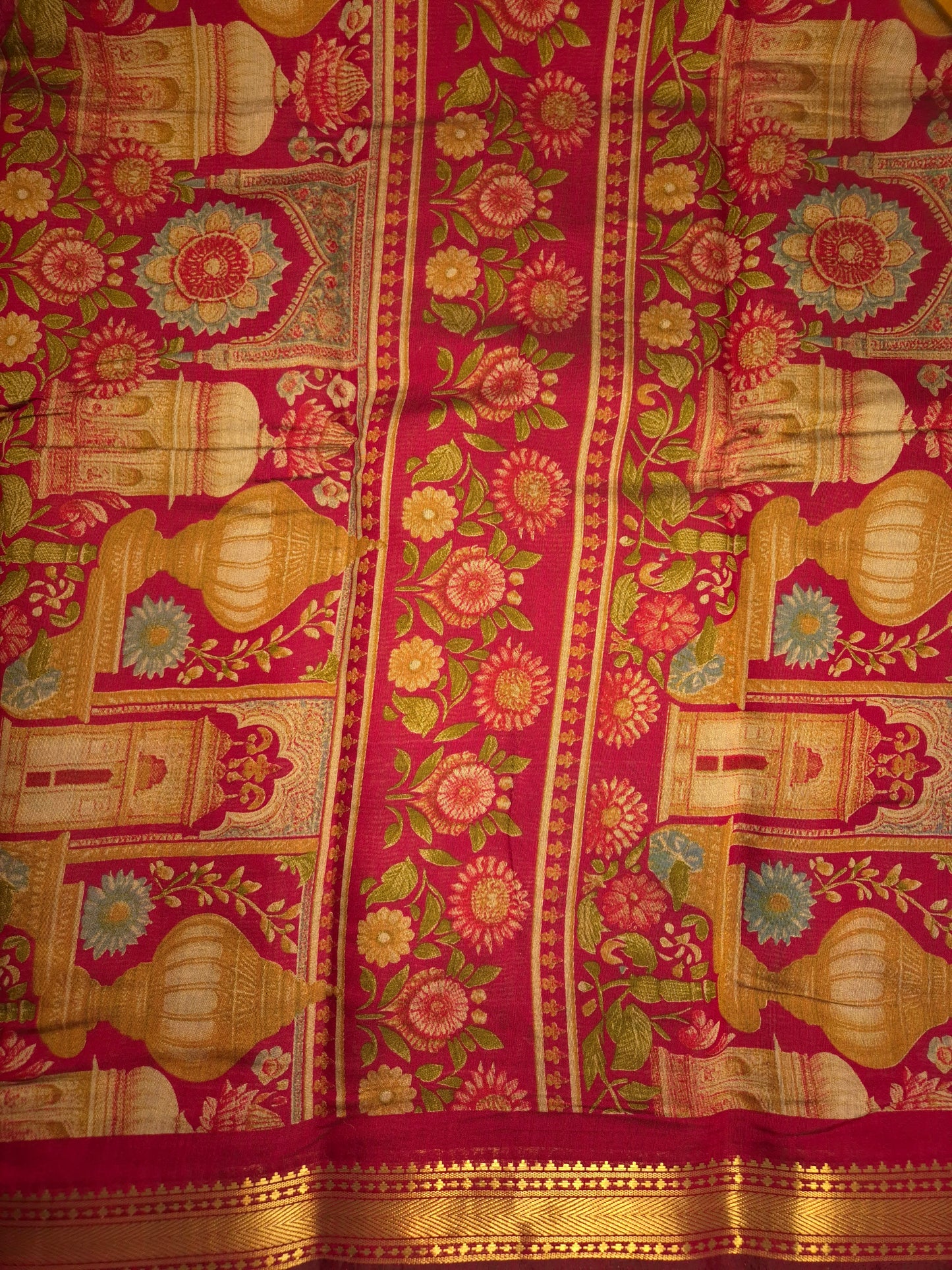 Mustard Maheswari Silk Saree with Digital Kalamkari Print on Maroon Border
