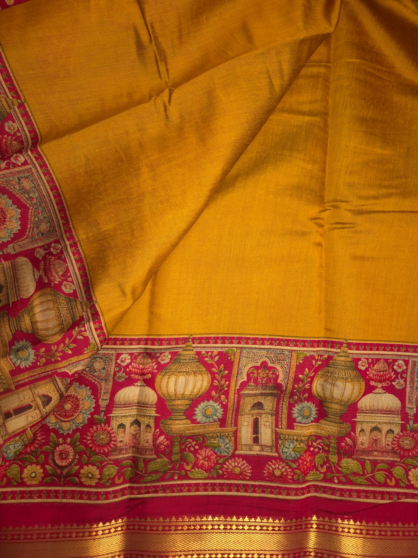 Mustard Maheswari Silk Saree with Digital Kalamkari Print on Maroon Border