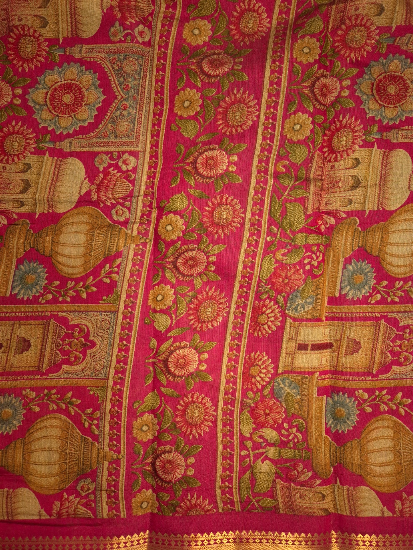 Deep Sea Blue Maheswari Silk Saree with Digital Kalamkari Print on Maroon Border