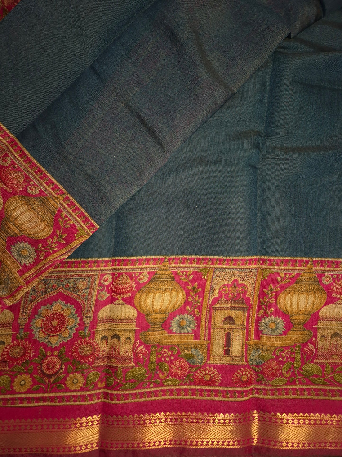 Deep Sea Blue Maheswari Silk Saree with Digital Kalamkari Print on Maroon Border
