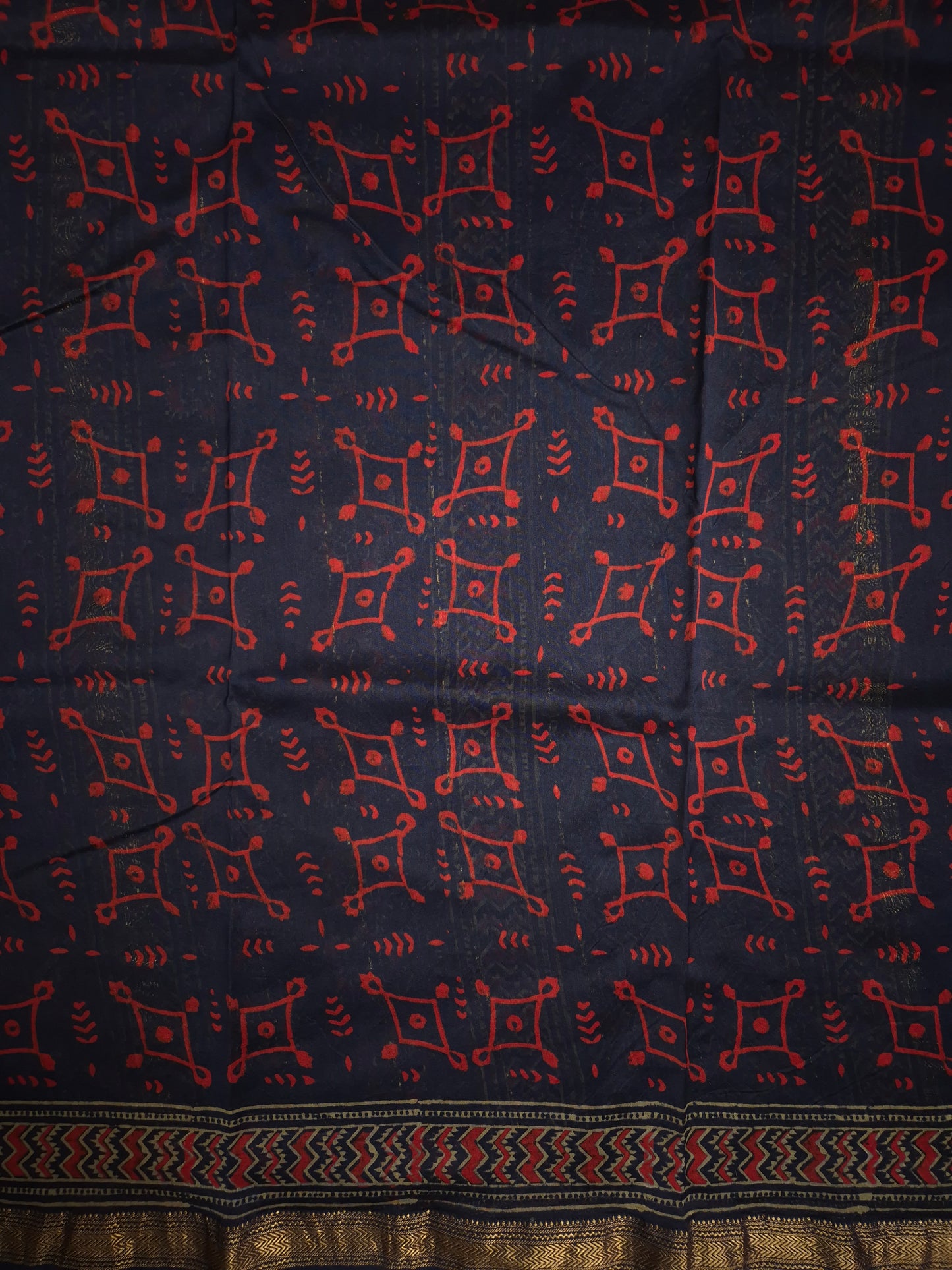 Navy Blue Ajrakh Printed Silk Saree with Intricate Design and Checkered Broad Border with Golden Zari