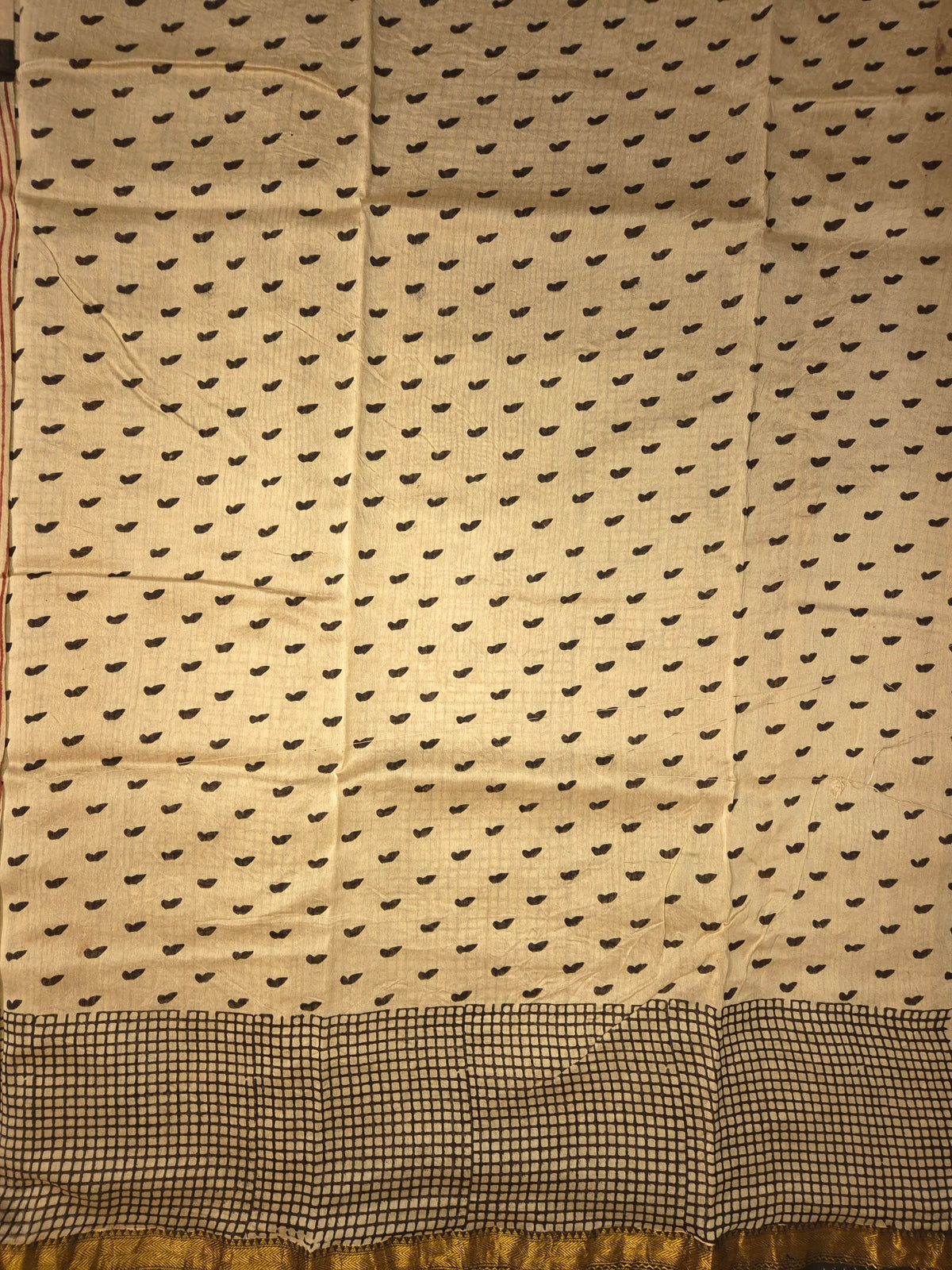 Ajrakh Printed Silk Saree with Polka Dot and Striped pattern allover with Golden Zari Border