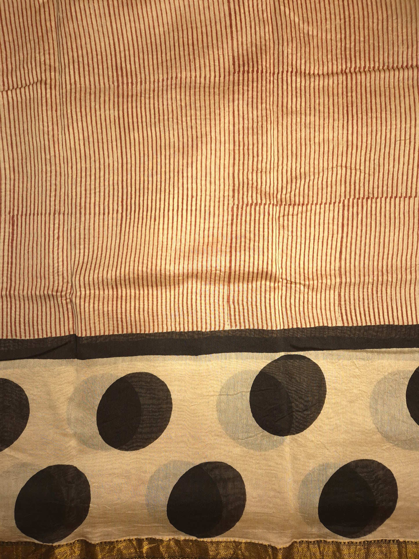 Ajrakh Printed Silk Saree with Polka Dot and Striped pattern allover with Golden Zari Border