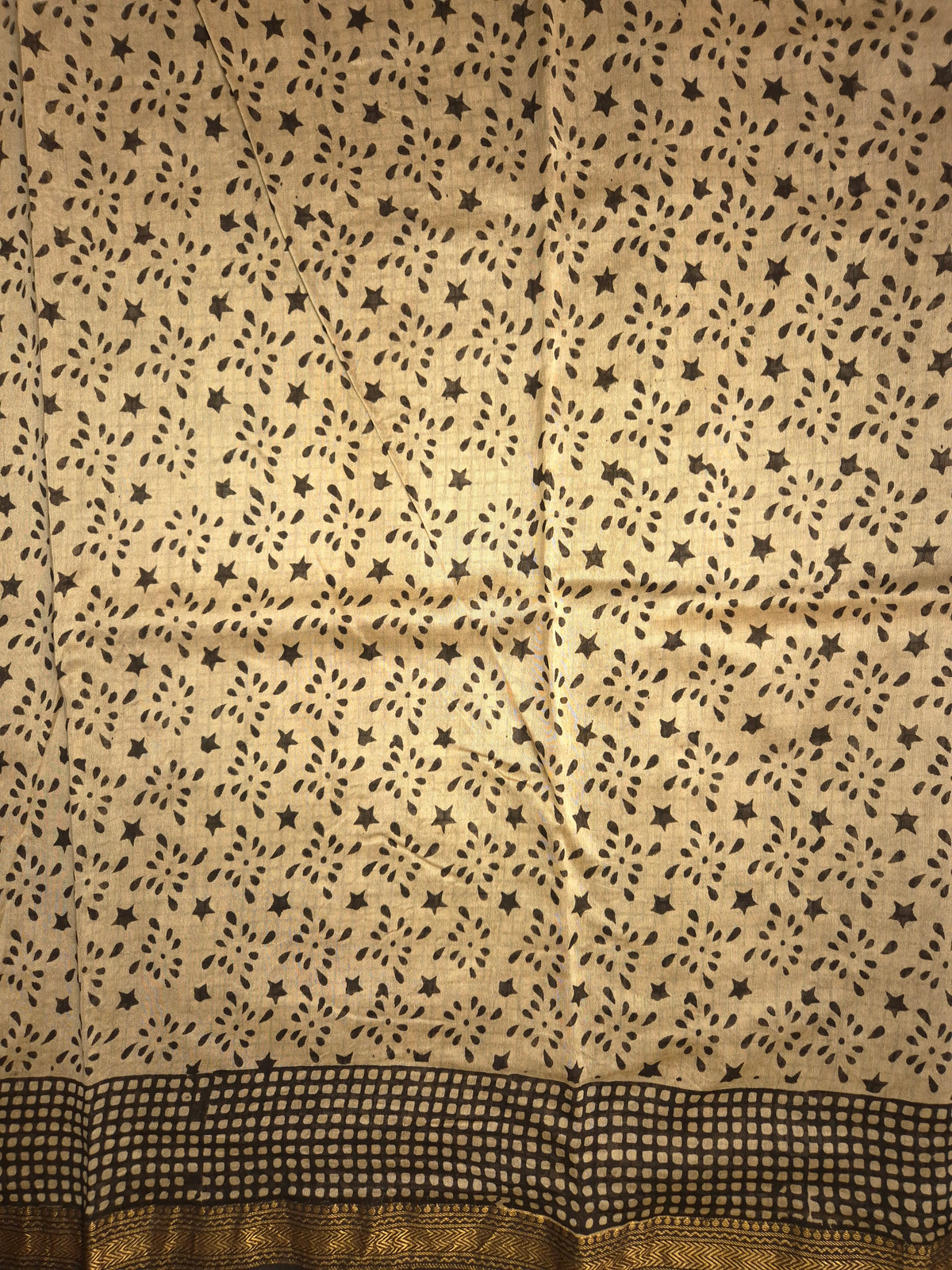 Black Ajrakh Printed Silk Saree with all-over Intricate Motifs and Checkered Border with Golden Zari