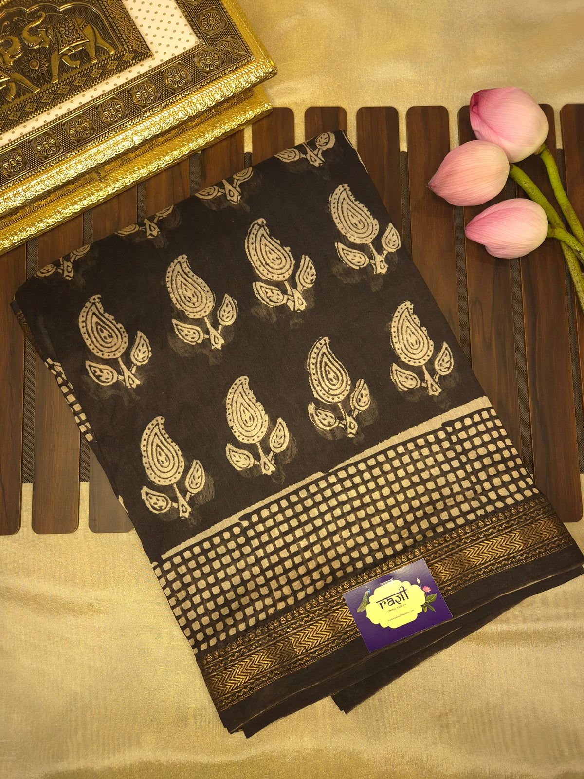 Black Ajrakh Printed Silk Saree with all-over Intricate Motifs and Checkered Border with Golden Zari
