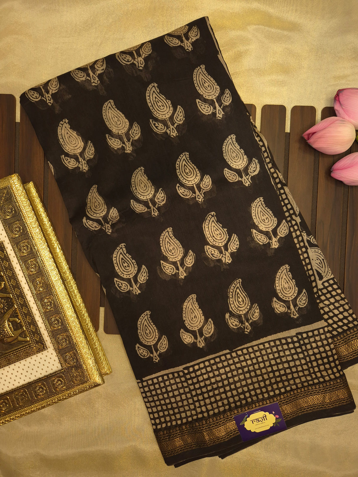 Black Ajrakh Printed Silk Saree with all-over Intricate Motifs and Checkered Border with Golden Zari
