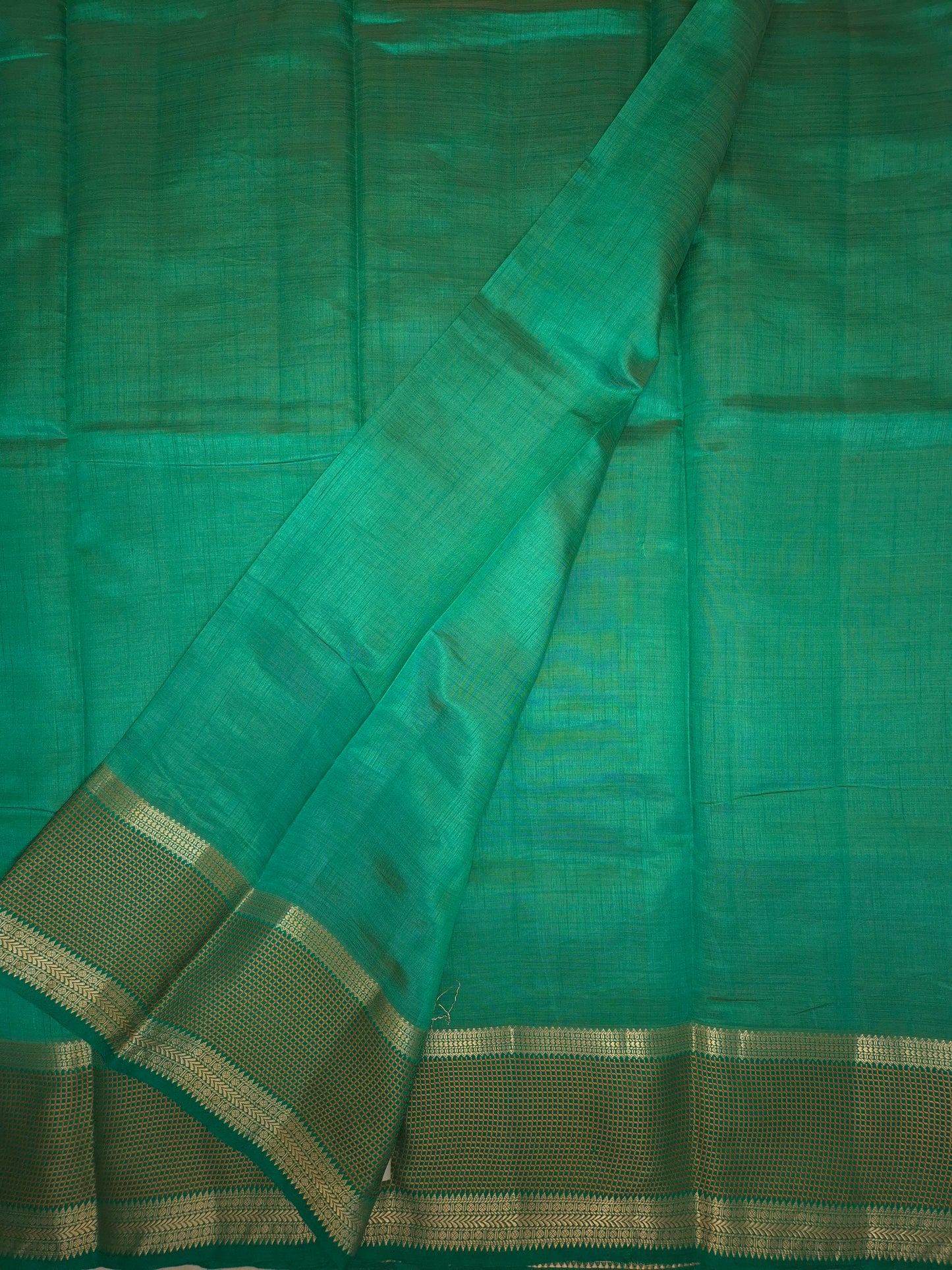 Leaf Green Raw Silk Saree with Checkered Golden Border