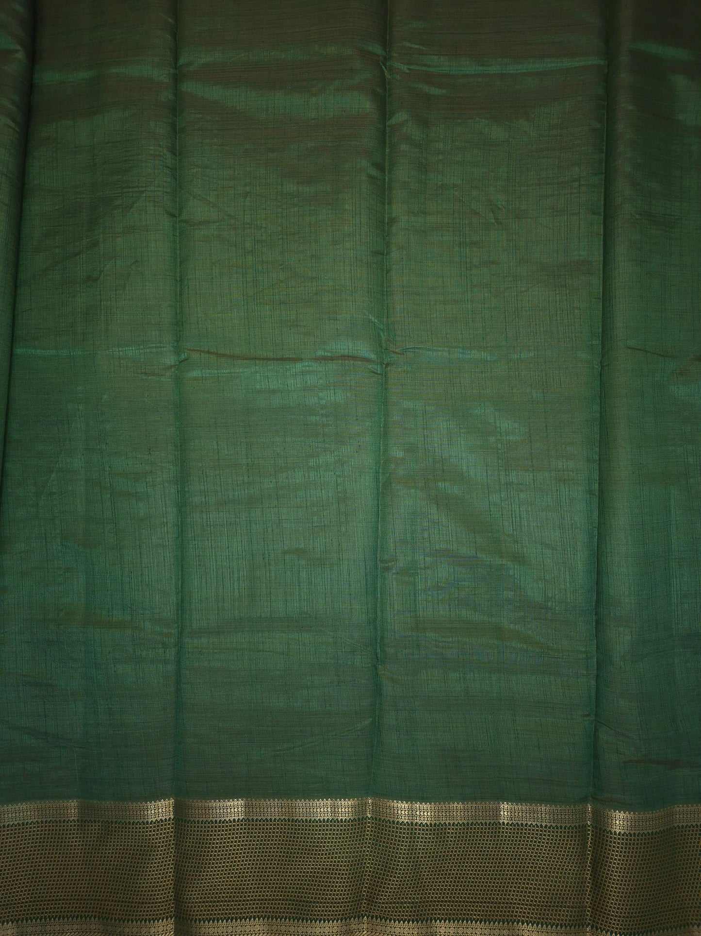 Dark Green Raw Silk Saree with Checkered Golden Border