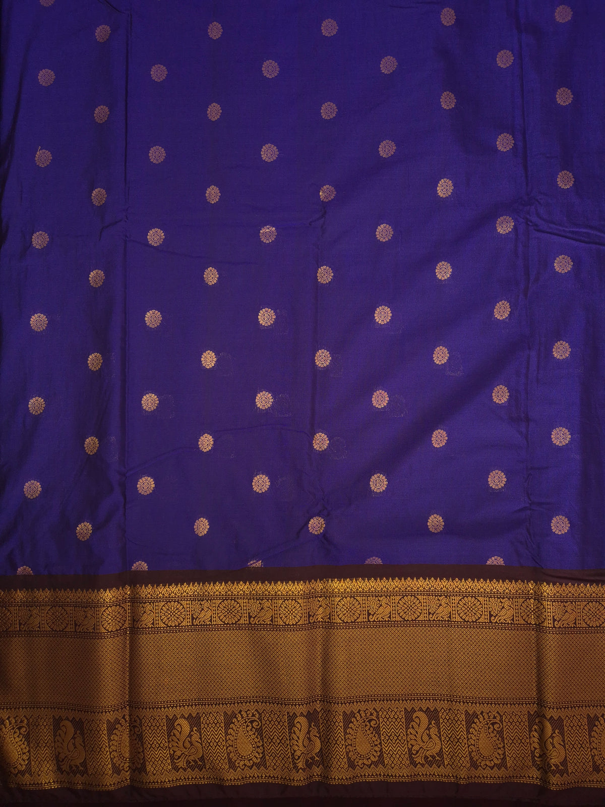 Royal Blue Gadwal Silk Saree with all-over Golden Buttas and Intricate Design on Dark Wine Border