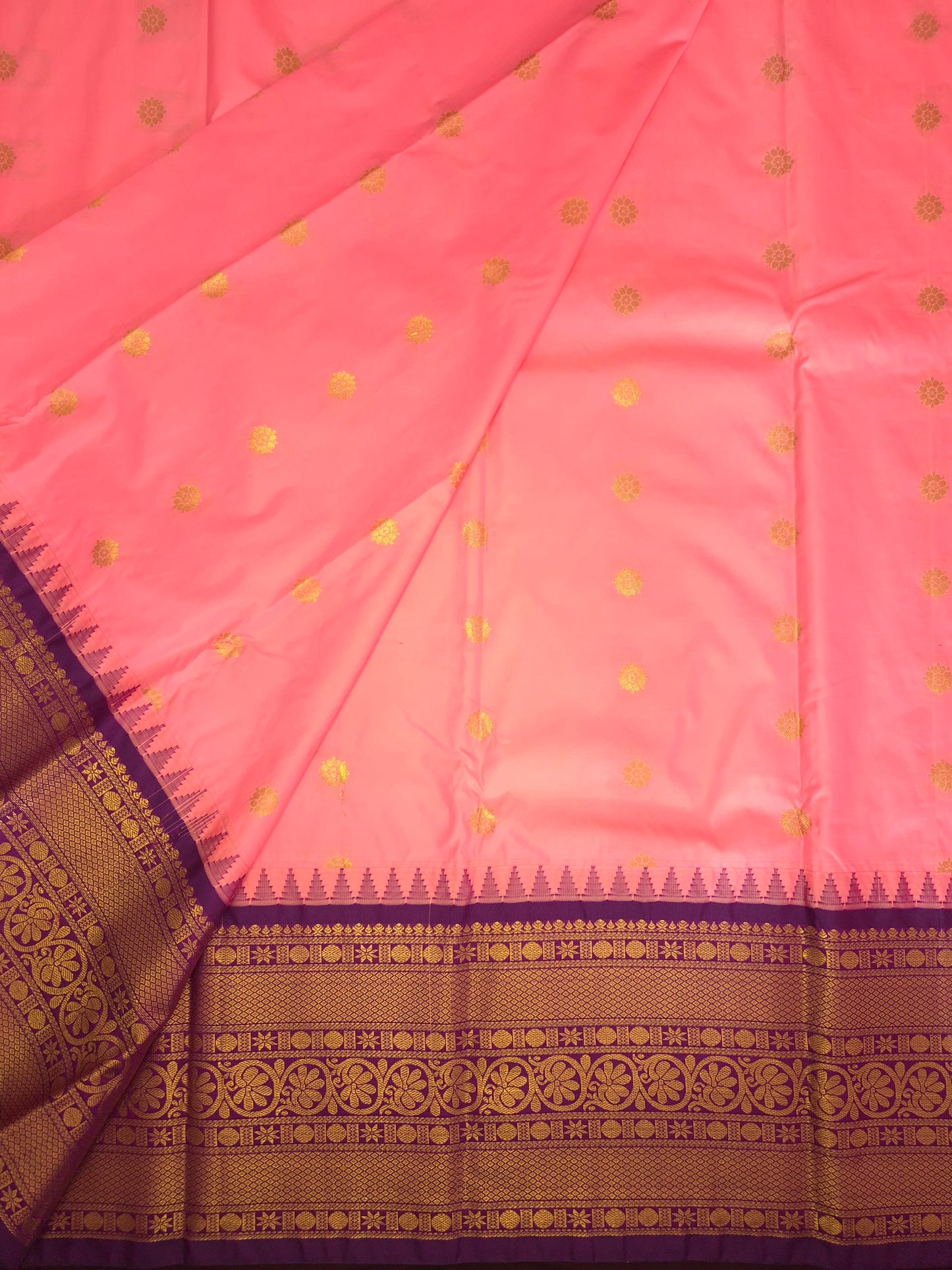 Neon Pink Gadwal Silk Saree with all-over Golden Buttas and Intricate Design on Purple Border