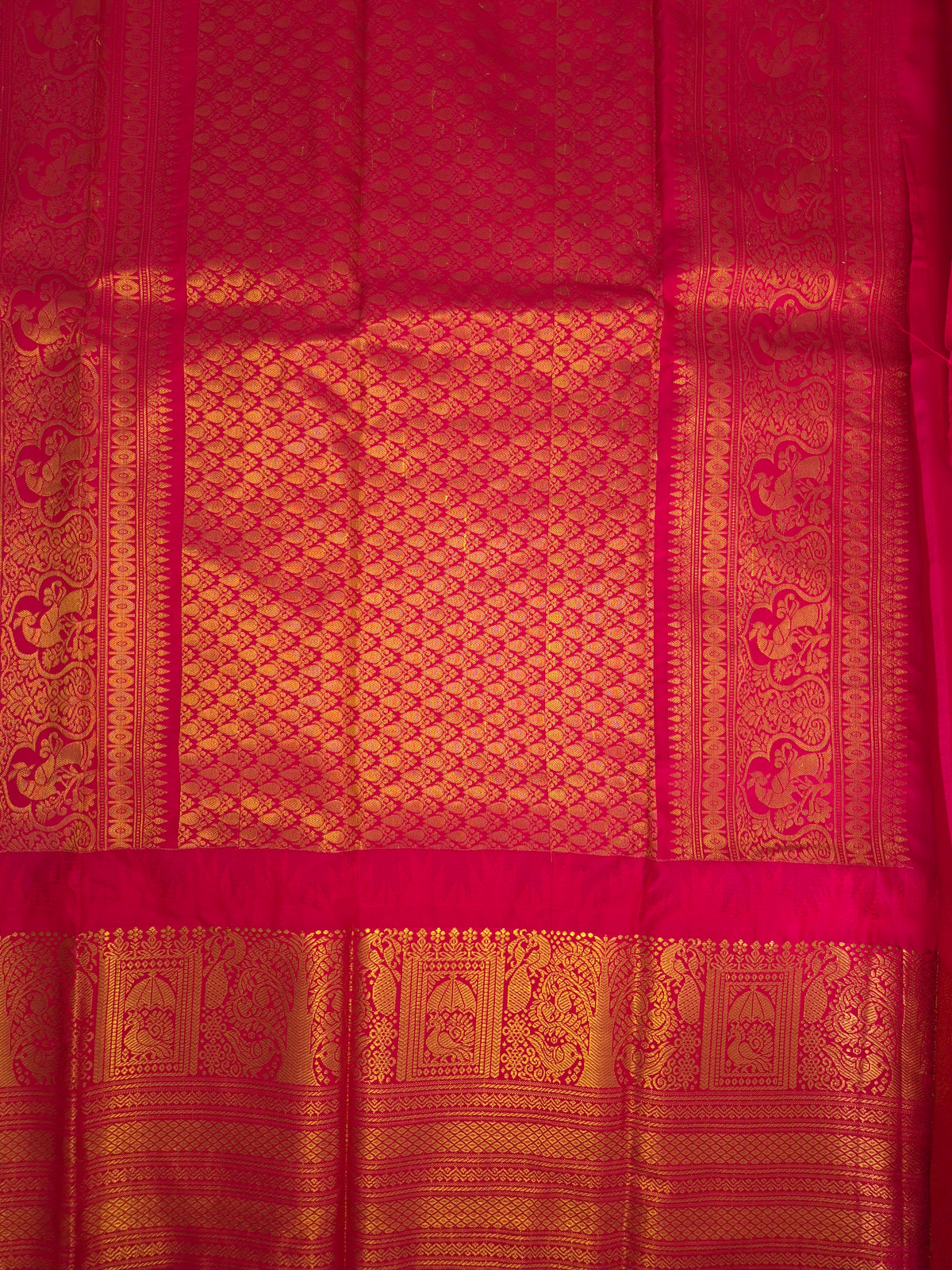 Turquoise Blue Gadwal Silk Saree with all-over Golden Buttas and Intricate Design on Red Border