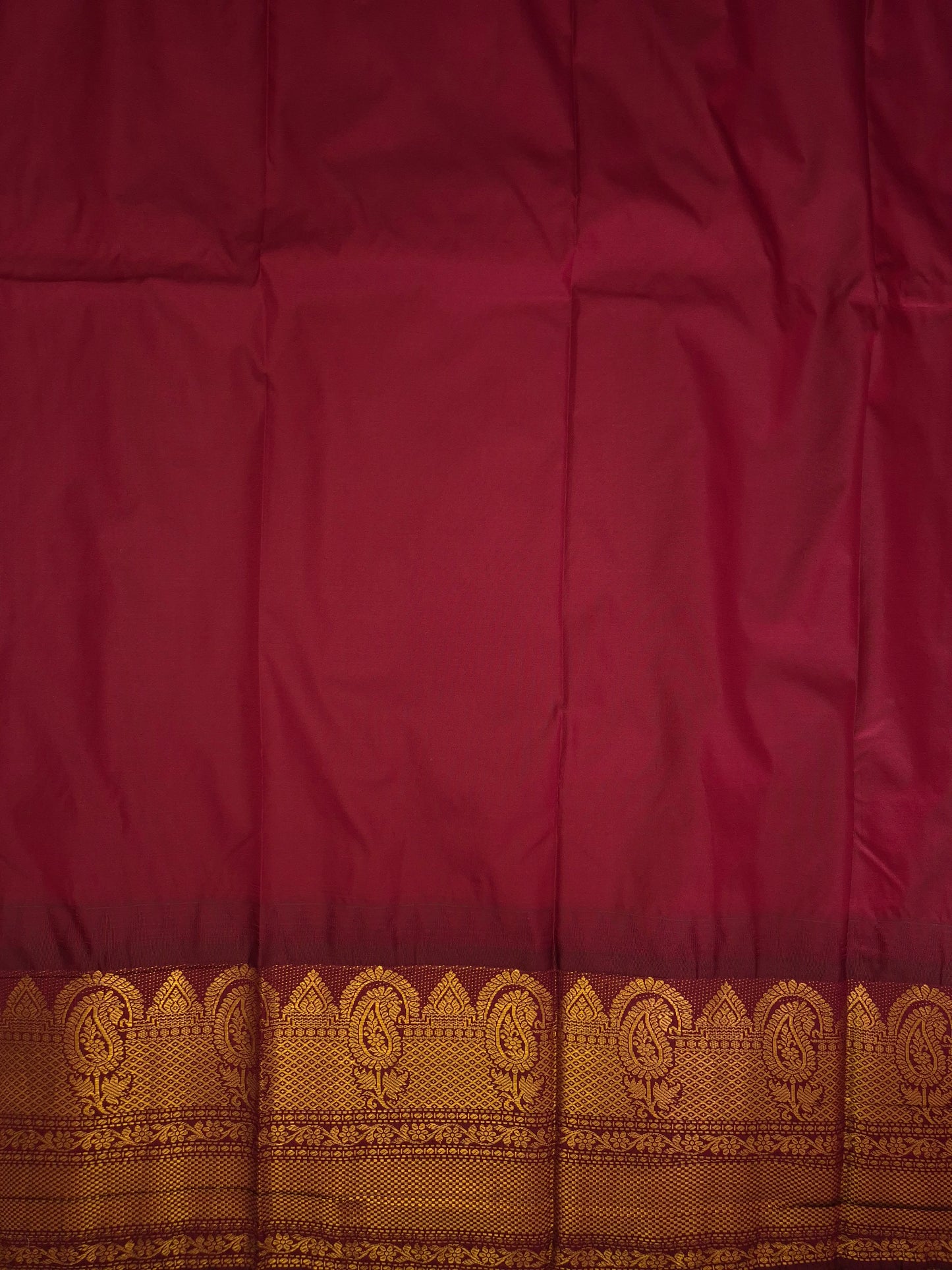 Brass Yellow Gadwal Silk Saree with all-over Golden Buttas and Intricate Design on Wine Colour Border