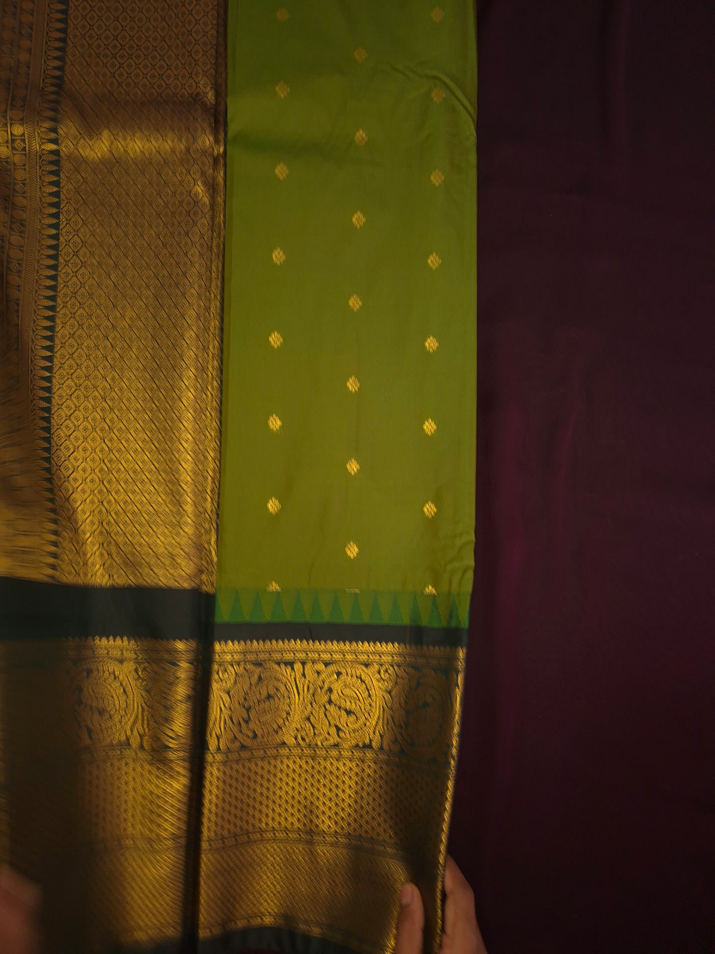 Mehendi Green Gadwal Silk Saree with all-over Golden Buttas and Intricate Design on Dark Green Border