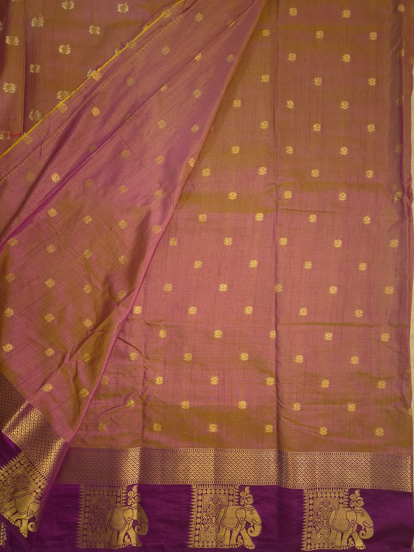 Dual Shade of Purple and Golden Raw Silk Saree with Purple Border and Elephant Motifs