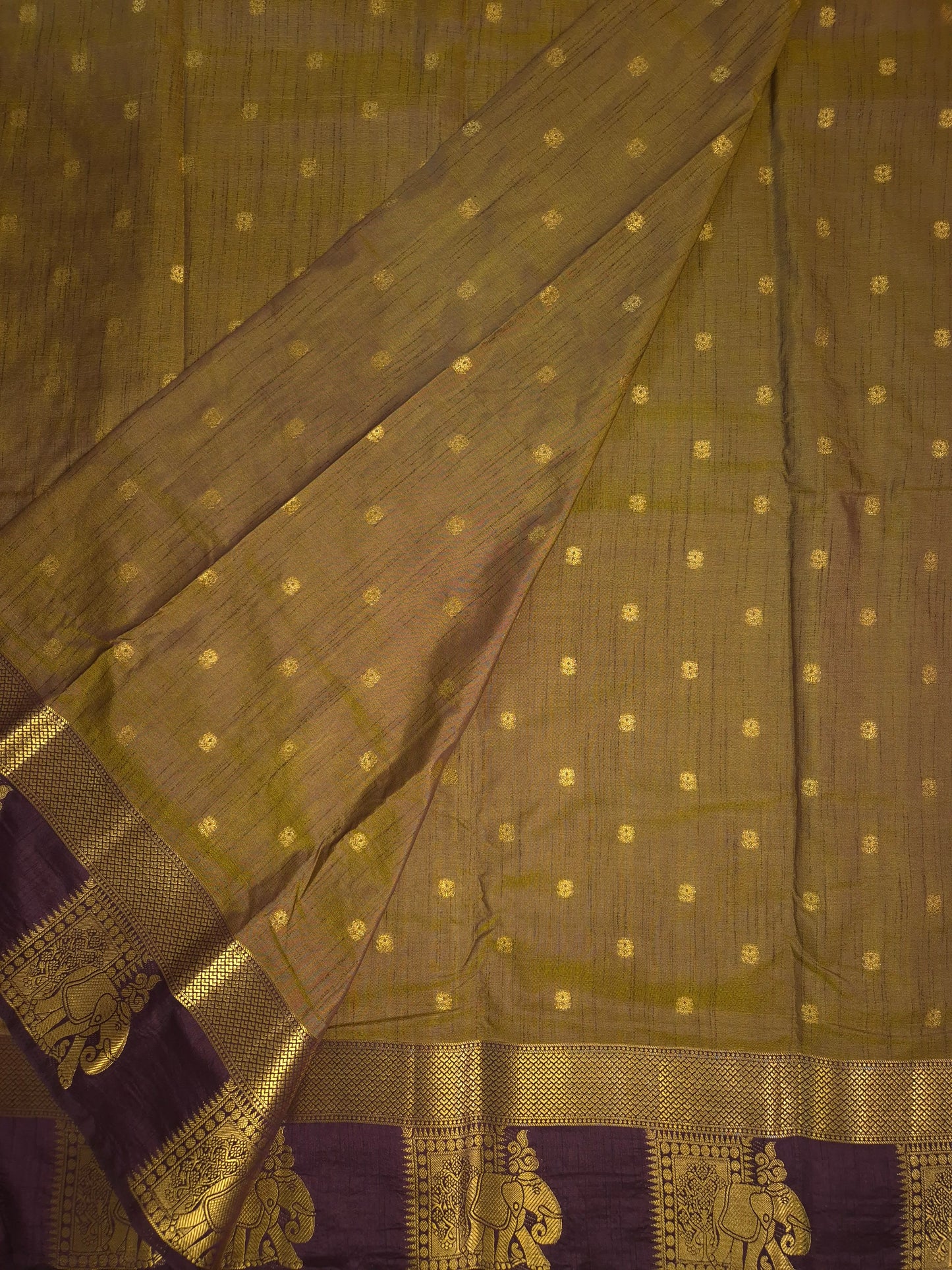 Dual Shade of Wine and Golden Raw Silk Saree with Wine Border and Elephant Motifs