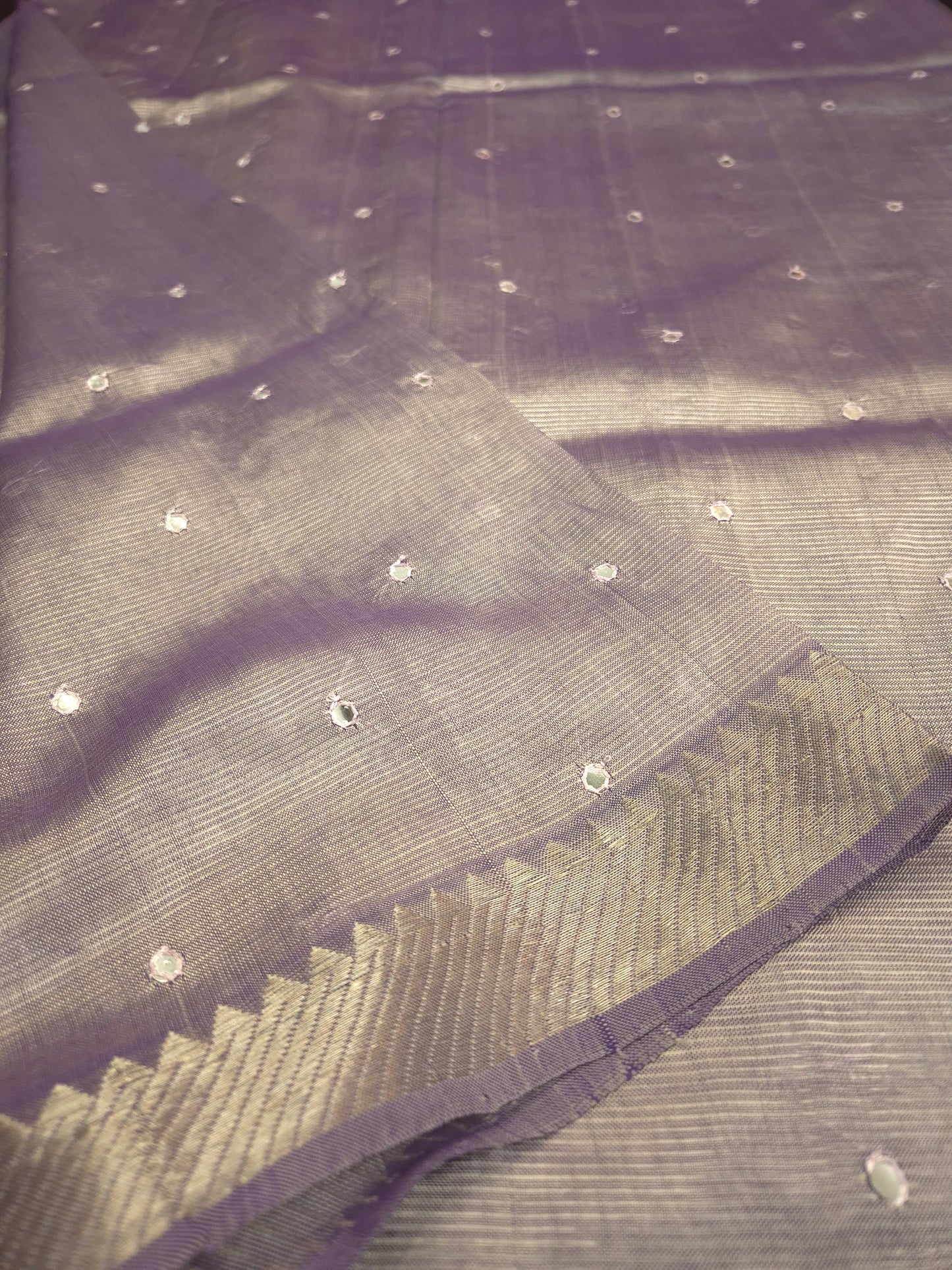 Light Silverish Purple Mangalgiri Pattu Saree with Mirror work