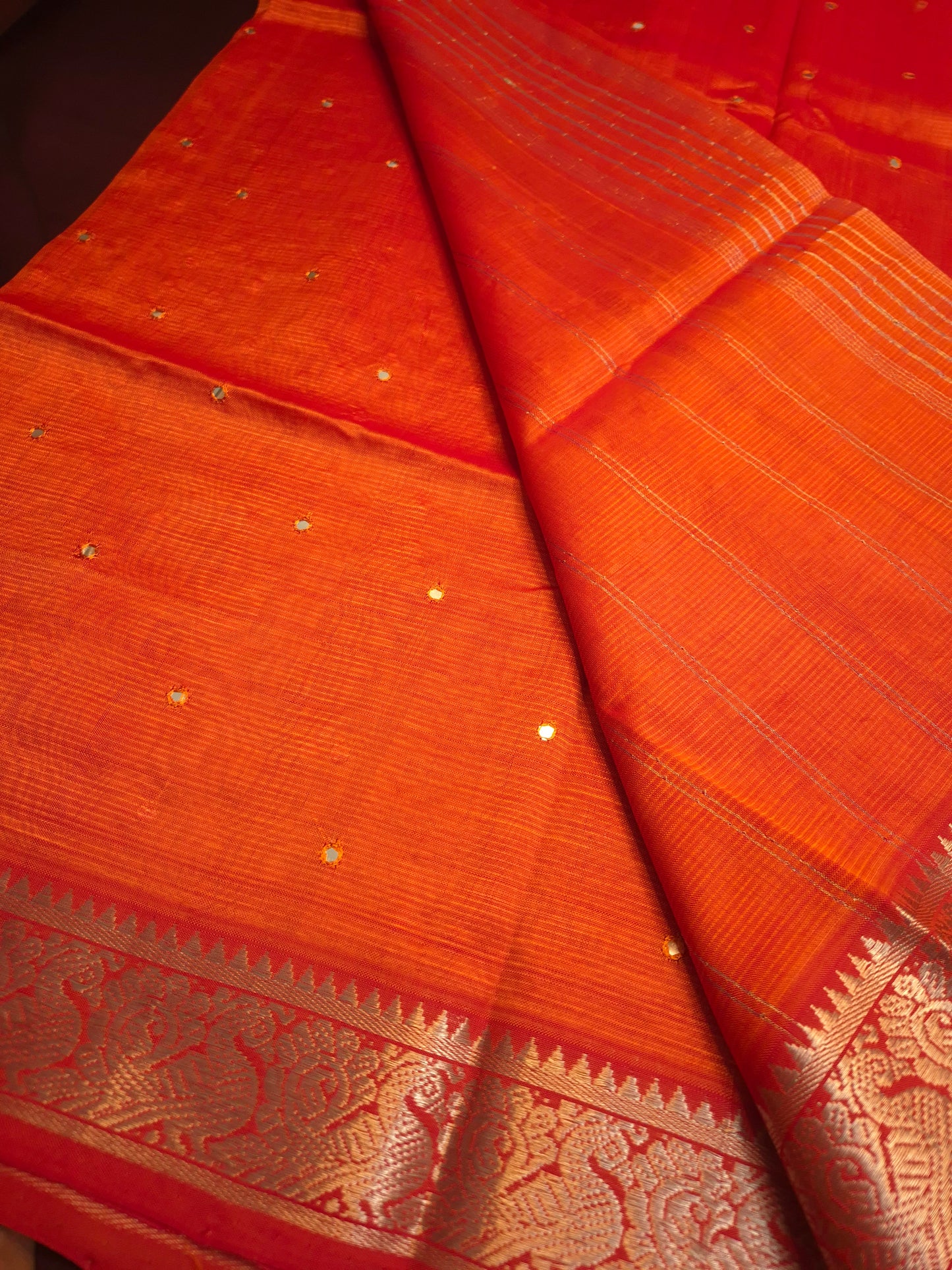 Orange Golden Mangalgiri Pattu Saree with Mirror work